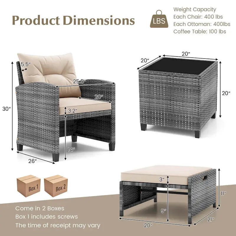 Costway 5 Piece Patio Rattan Furniture with 2 Ottomans & Tempered - See Details