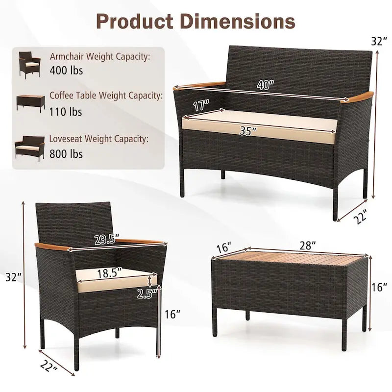 Costway 4 PCS Patio Wicker Sofa Set with Coffee Table Acacia Wood - See Details