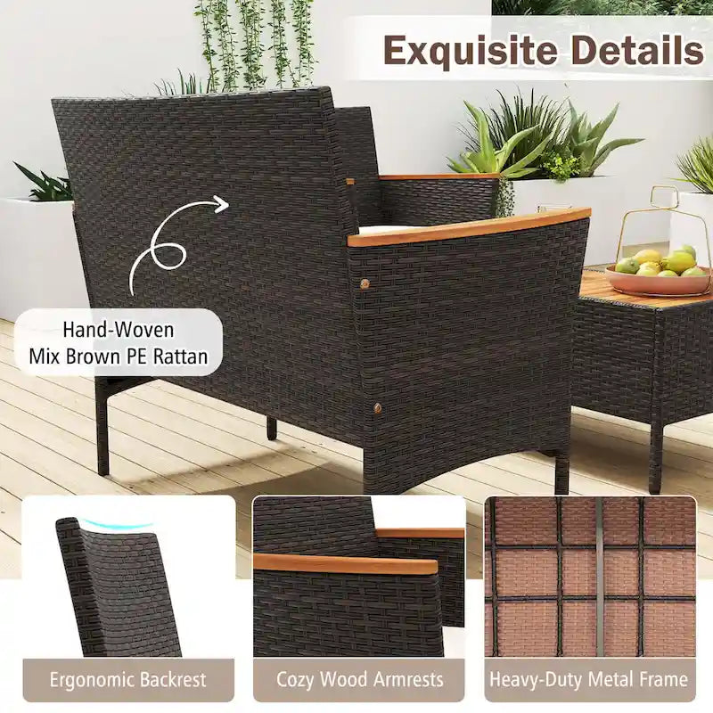 Costway 4 PCS Patio Wicker Sofa Set with Coffee Table Acacia Wood - See Details