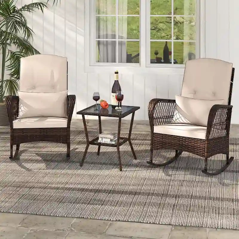 Gymax 3 Pieces Rocking Bistro Set PE Rattan Rocking Chairs w/ 2-Tier