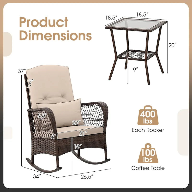 Gymax 3 Pieces Rocking Bistro Set PE Rattan Rocking Chairs w/ 2-Tier