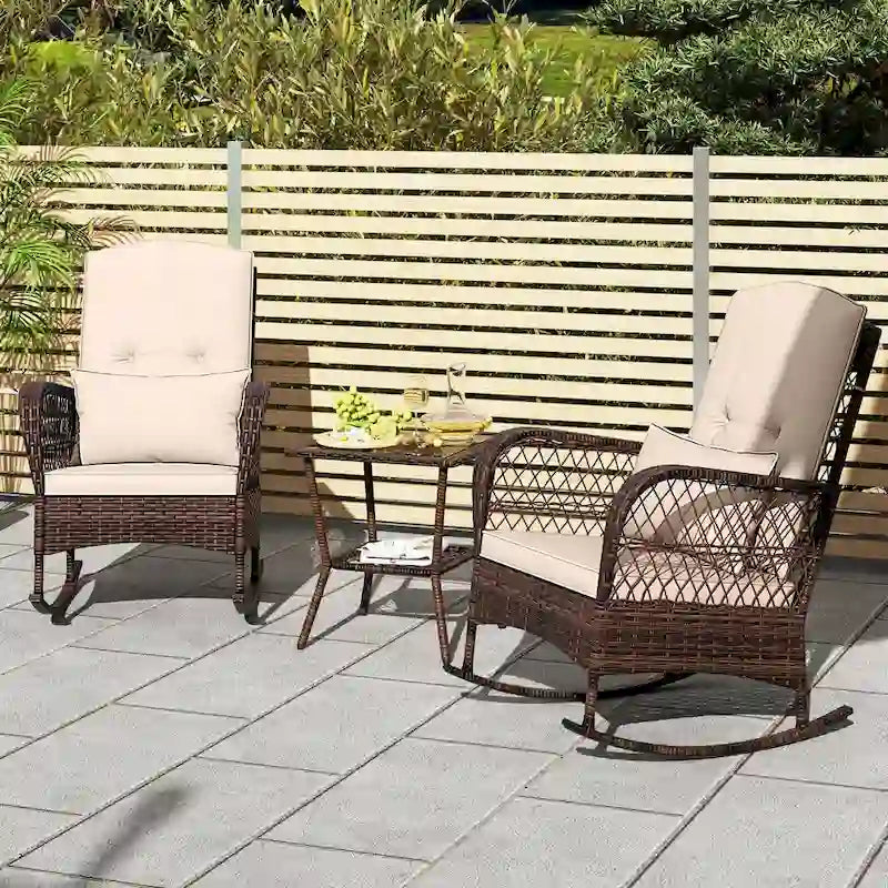 Gymax 3 Pieces Rocking Bistro Set PE Rattan Rocking Chairs w/ 2-Tier