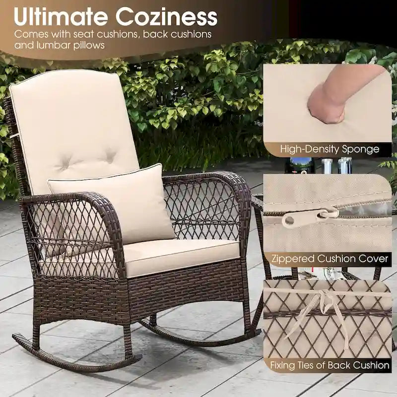 Gymax 3 Pieces Rocking Bistro Set PE Rattan Rocking Chairs w/ 2-Tier