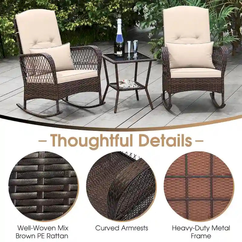 Gymax 3 Pieces Rocking Bistro Set PE Rattan Rocking Chairs w/ 2-Tier