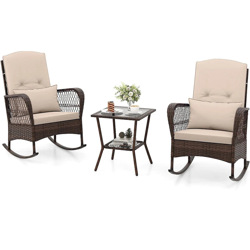 Gymax 3 Pieces Rocking Bistro Set PE Rattan Rocking Chairs w/ 2-Tier