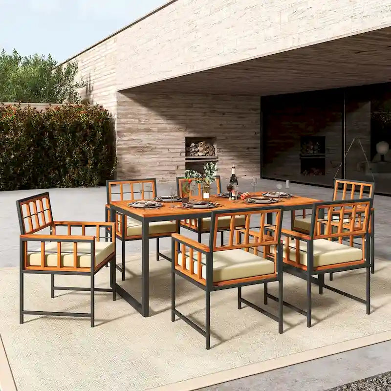 Costway 7 PCS Patio Dining Set Outdoor Acacia Wood Table with Soft - See Details