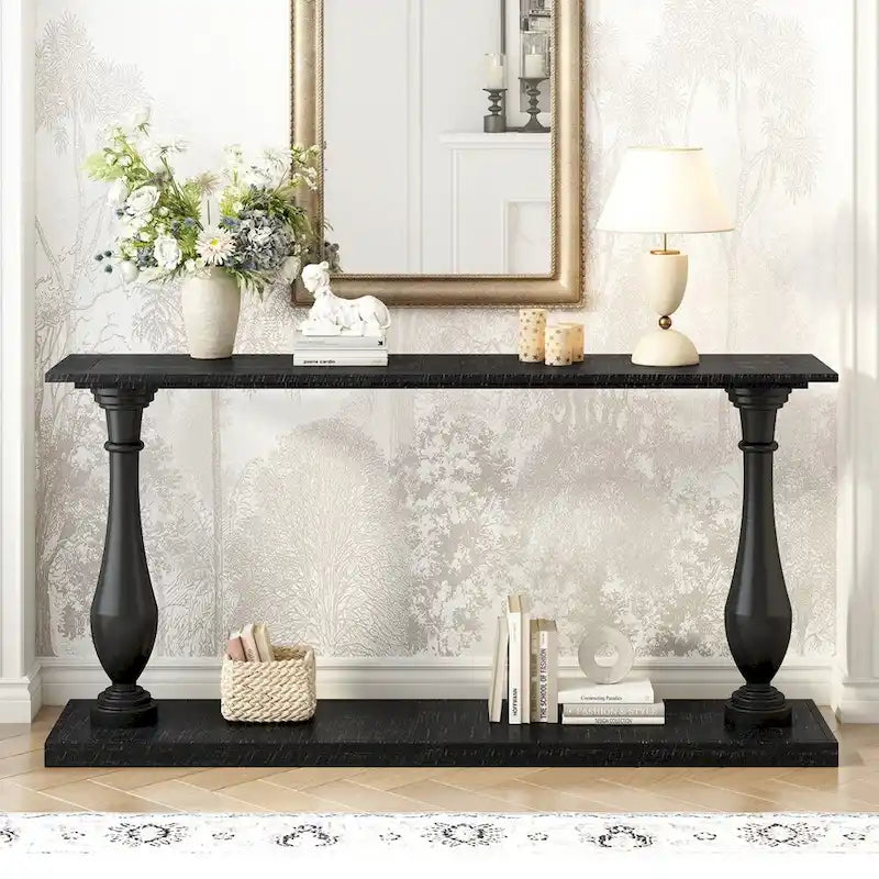 Vintage Sofa Table Console Table with Pine Veneer and Vase-Leg Design for Living Room Study room Entryway Bedroom