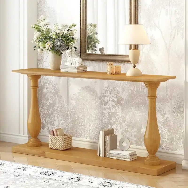 Vintage Sofa Table Console Table with Pine Veneer and Vase-Leg Design for Living Room Study room Entryway Bedroom