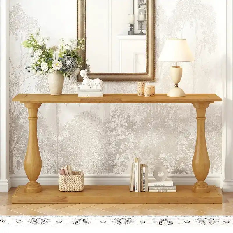 Vintage Sofa Table Console Table with Pine Veneer and Vase-Leg Design for Living Room Study room Entryway Bedroom
