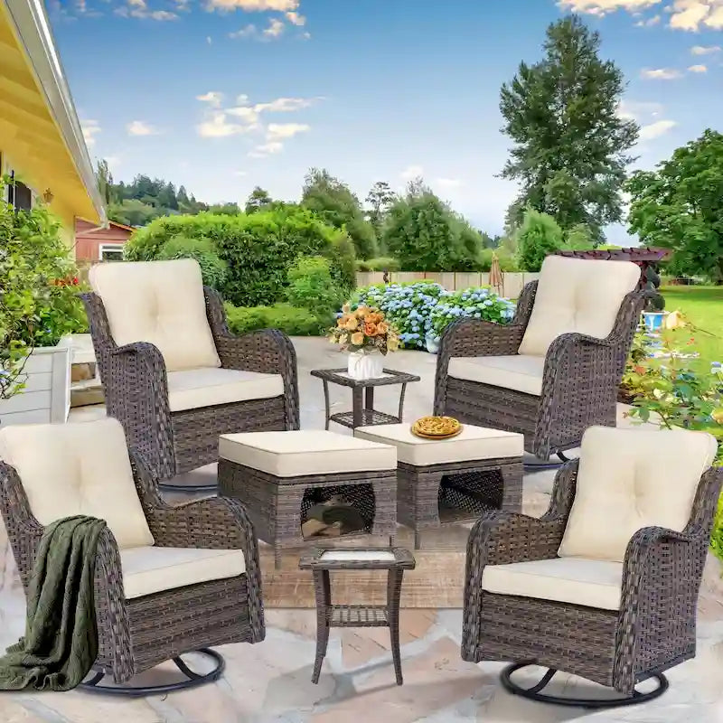 8-piece Wicker Patio Furniture Set with Swivel Chair and Patio Ottoman