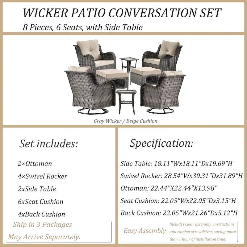 8-piece Wicker Patio Furniture Set with Swivel Chair and Patio Ottoman