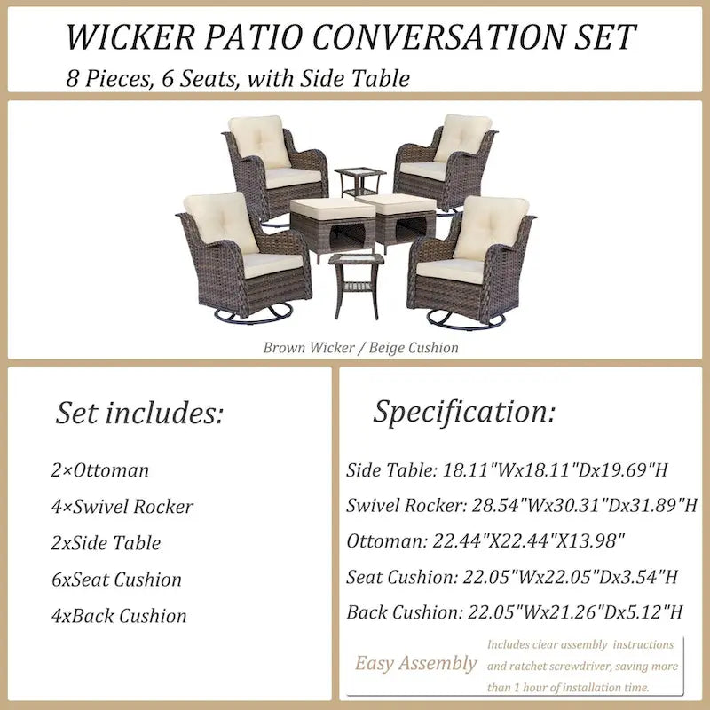 8-piece Wicker Patio Furniture Set with Swivel Chair and Patio Ottoman