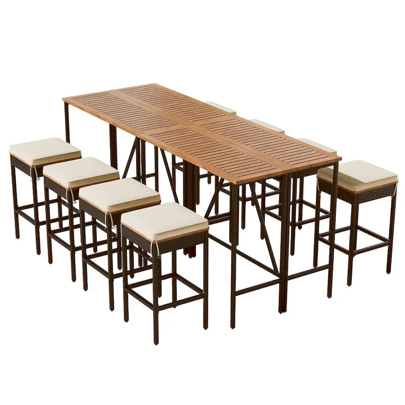 10-Piece Outdoor Patio Counter Height Foldable Dining Set with 8 Cushioned Stools, 2 Acacia Wood Foldable Table