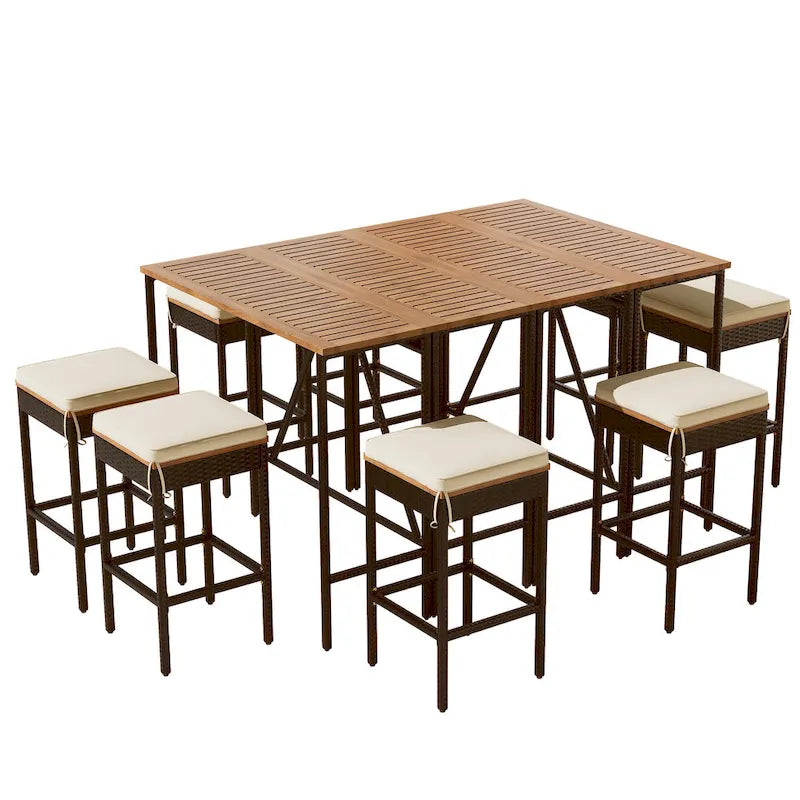 10-Piece Outdoor Patio Counter Height Foldable Dining Set with 8 Cushioned Stools, 2 Acacia Wood Foldable Table