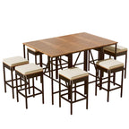 10-Piece Outdoor Patio Counter Height Foldable Dining Set with 8 Cushioned Stools, 2 Acacia Wood Foldable Table