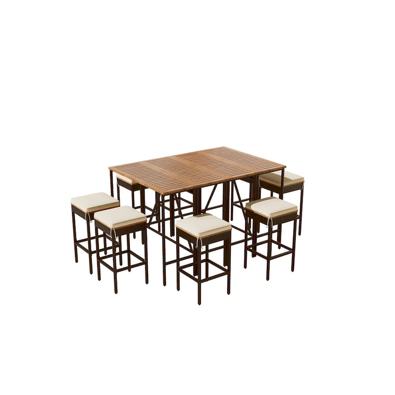 10-Piece Outdoor Patio Counter Height Foldable Dining Set with 8 Cushioned Stools, 2 Acacia Wood Foldable Table
