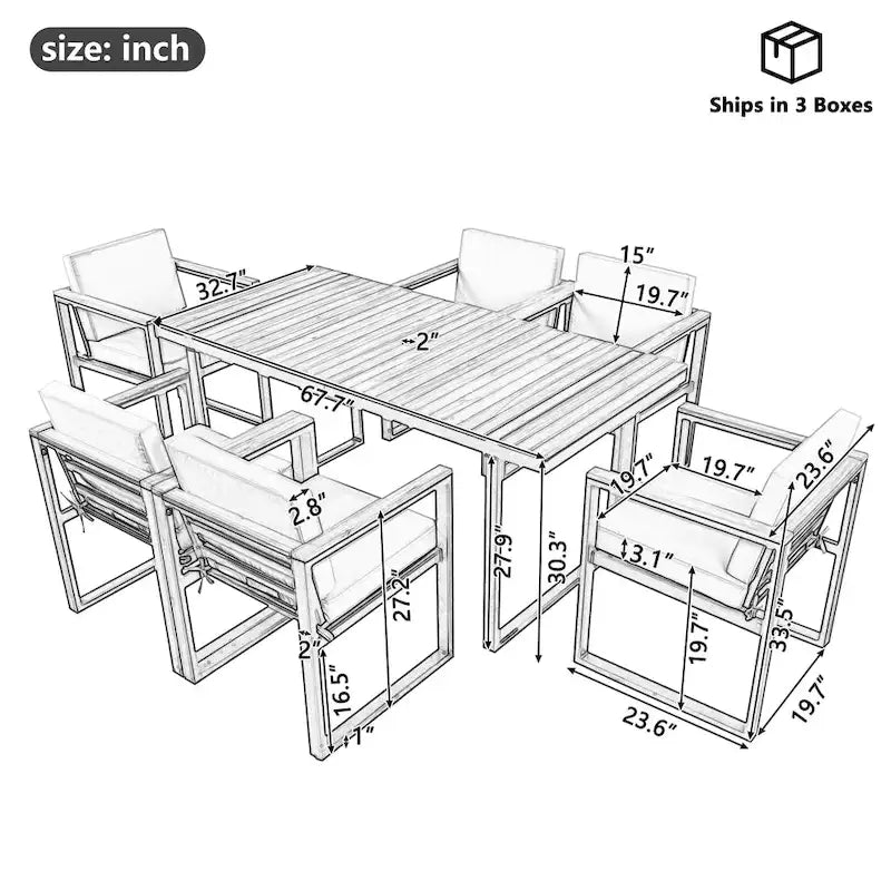 7-Piece Outdoor Patio Steel Dining Set with Umbrella Hole and 6 Cushioned Armchairs