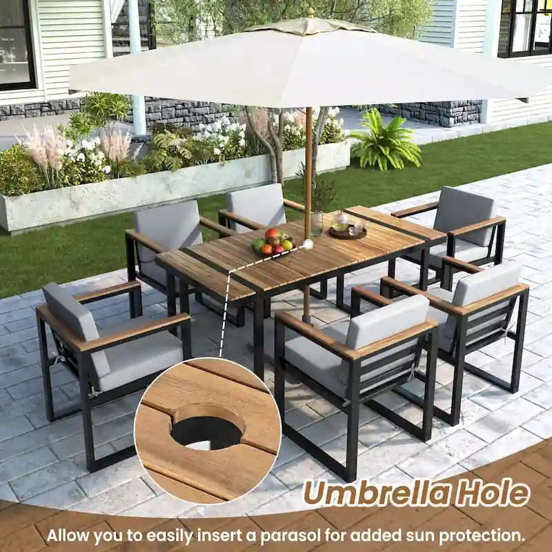 7-Piece Outdoor Patio Steel Dining Set with Umbrella Hole and 6 Cushioned Armchairs
