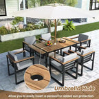 7-Piece Outdoor Patio Steel Dining Set with Umbrella Hole and 6 Cushioned Armchairs