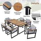 7-Piece Outdoor Patio Steel Dining Set with Umbrella Hole and 6 Cushioned Armchairs