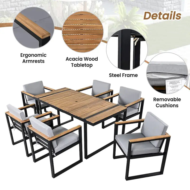 7-Piece Outdoor Patio Steel Dining Set with Umbrella Hole and 6 Cushioned Armchairs
