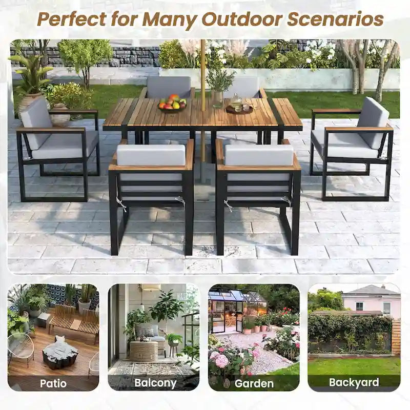7-Piece Outdoor Patio Steel Dining Set with Umbrella Hole and 6 Cushioned Armchairs