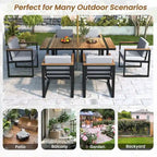 7-Piece Outdoor Patio Steel Dining Set with Umbrella Hole and 6 Cushioned Armchairs