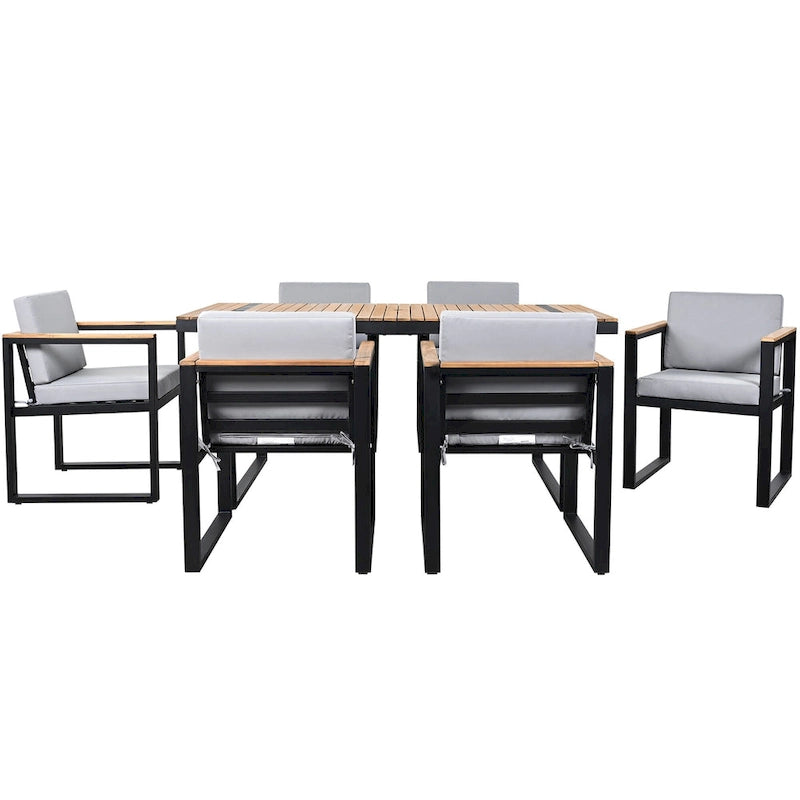 7-Piece Outdoor Patio Steel Dining Set with Umbrella Hole and 6 Cushioned Armchairs