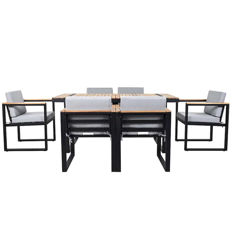 7-Piece Outdoor Patio Steel Dining Set with Umbrella Hole and 6 Cushioned Armchairs