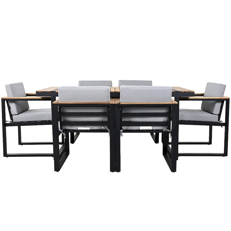 7-Piece Outdoor Patio Steel Dining Set with Umbrella Hole and 6 Cushioned Armchairs