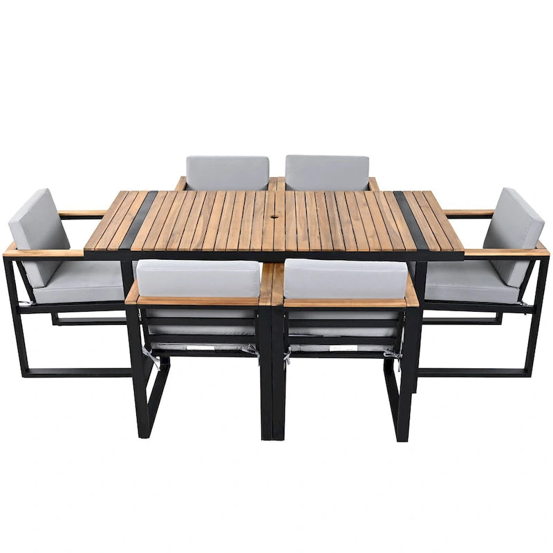 7-Piece Outdoor Patio Steel Dining Set with Umbrella Hole and 6 Cushioned Armchairs