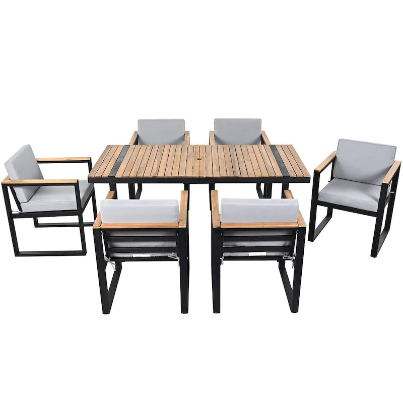 7-Piece Outdoor Patio Steel Dining Set with Umbrella Hole and 6 Cushioned Armchairs