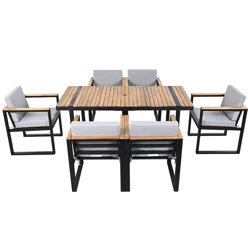 7-Piece Outdoor Patio Steel Dining Set with Umbrella Hole and 6 Cushioned Armchairs