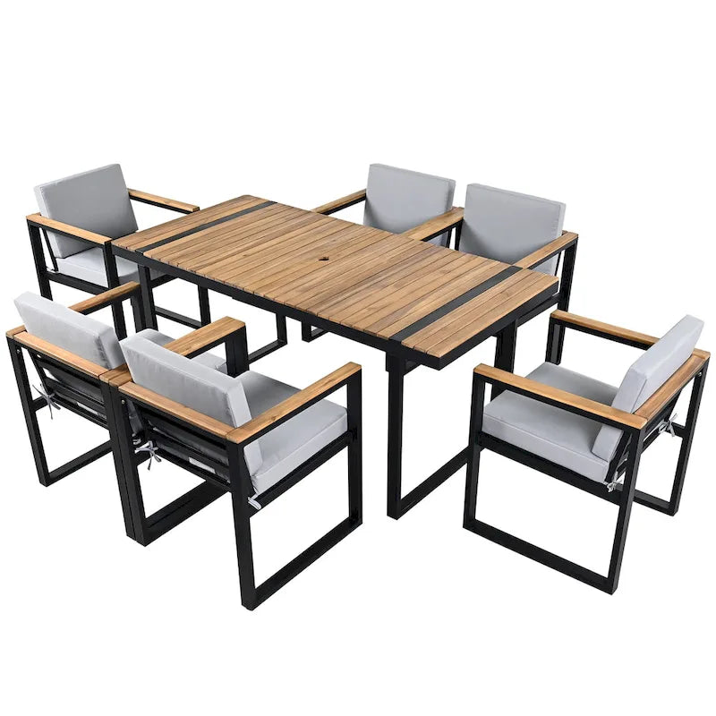 7-Piece Outdoor Patio Steel Dining Set with Umbrella Hole and 6 Cushioned Armchairs
