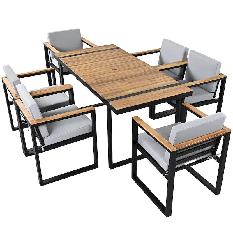 7-Piece Outdoor Patio Steel Dining Set with Umbrella Hole and 6 Cushioned Armchairs