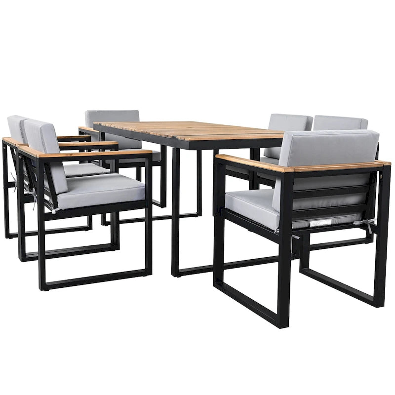 7-Piece Outdoor Patio Steel Dining Set with Umbrella Hole and 6 Cushioned Armchairs