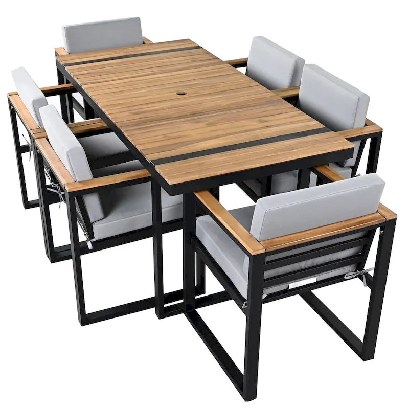 7-Piece Outdoor Patio Steel Dining Set with Umbrella Hole and 6 Cushioned Armchairs