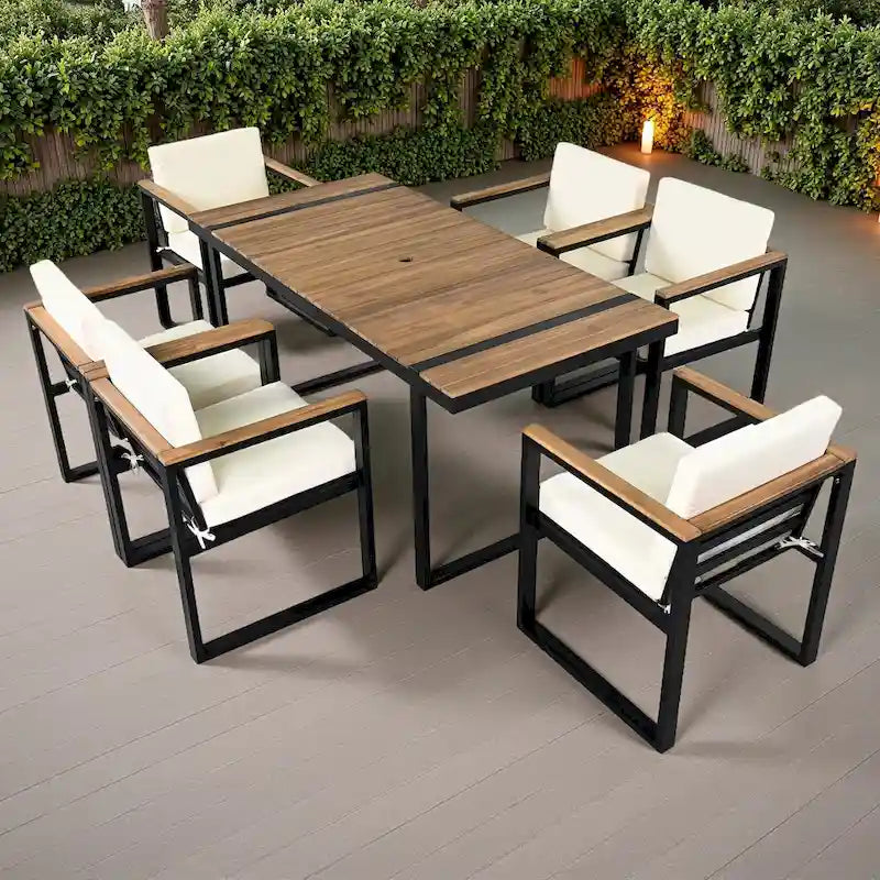 7-Piece Outdoor Patio Steel Dining Set with Umbrella Hole and 6 Cushioned Armchairs