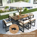 7-Piece Outdoor Patio Steel Dining Set with Umbrella Hole and 6 Cushioned Armchairs