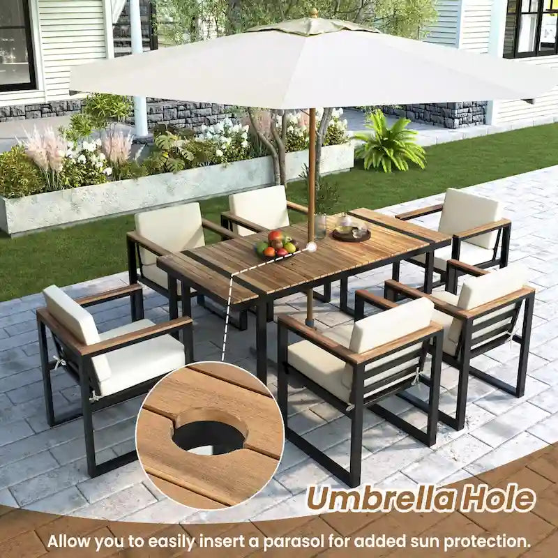 7-Piece Outdoor Patio Steel Dining Set with Umbrella Hole and 6 Cushioned Armchairs