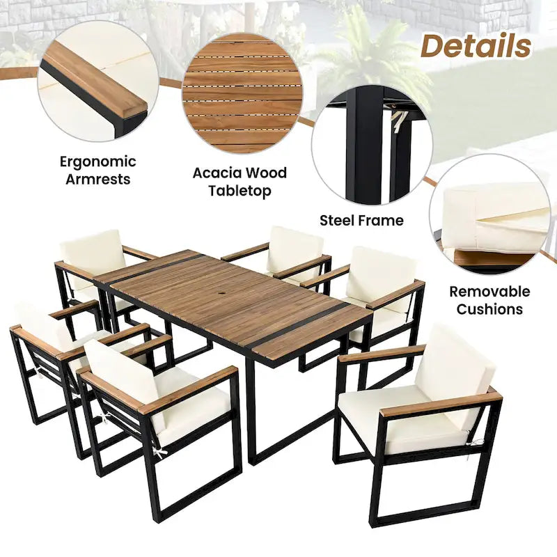 7-Piece Outdoor Patio Steel Dining Set with Umbrella Hole and 6 Cushioned Armchairs