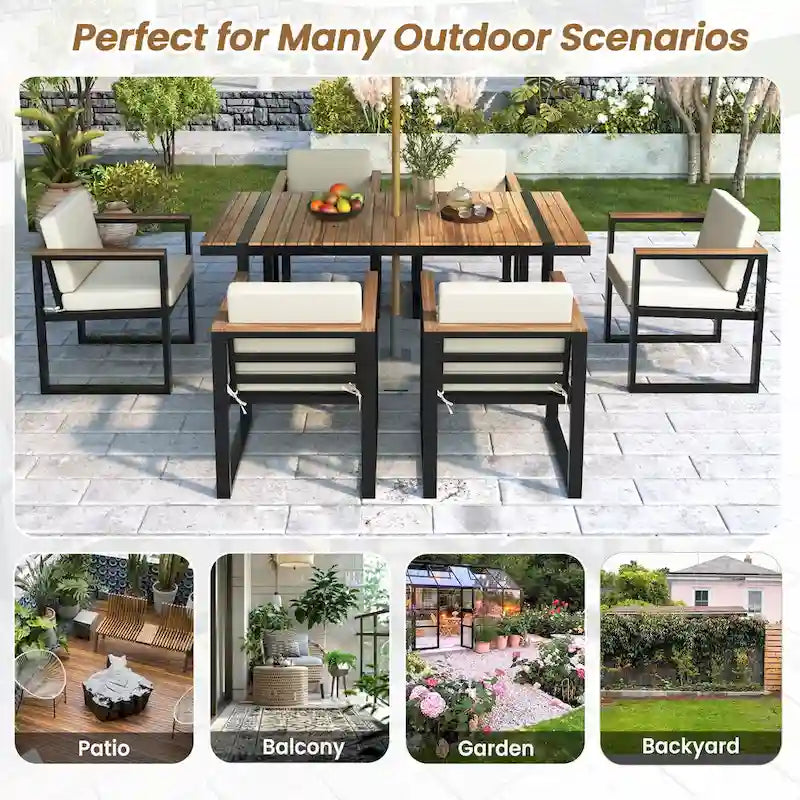 7-Piece Outdoor Patio Steel Dining Set with Umbrella Hole and 6 Cushioned Armchairs