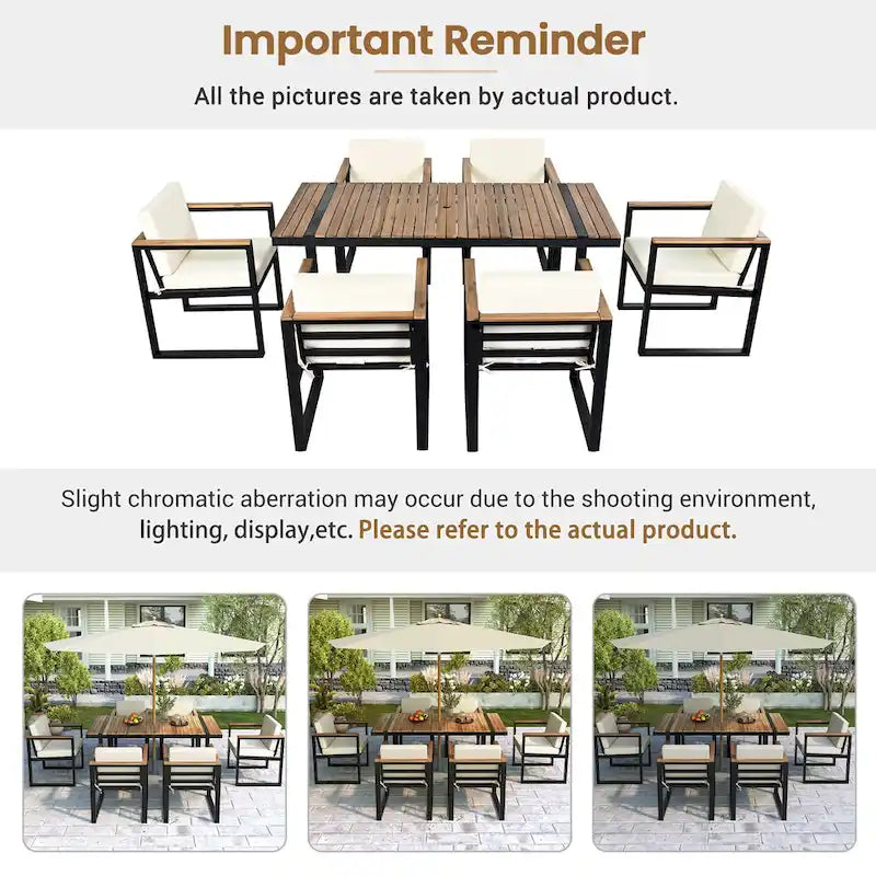 7-Piece Outdoor Patio Steel Dining Set with Umbrella Hole and 6 Cushioned Armchairs