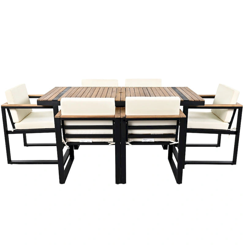 7-Piece Outdoor Patio Steel Dining Set with Umbrella Hole and 6 Cushioned Armchairs