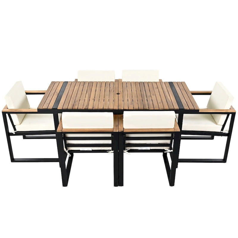 7-Piece Outdoor Patio Steel Dining Set with Umbrella Hole and 6 Cushioned Armchairs