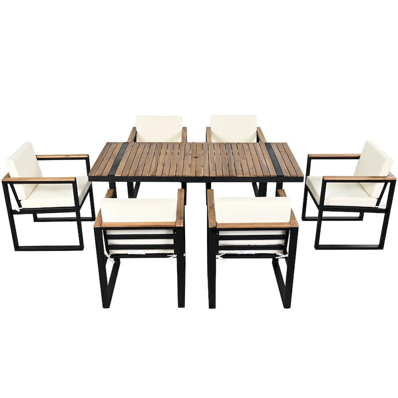 7-Piece Outdoor Patio Steel Dining Set with Umbrella Hole and 6 Cushioned Armchairs