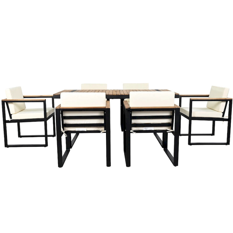 7-Piece Outdoor Patio Steel Dining Set with Umbrella Hole and 6 Cushioned Armchairs