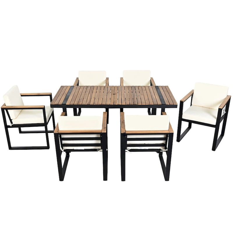 7-Piece Outdoor Patio Steel Dining Set with Umbrella Hole and 6 Cushioned Armchairs