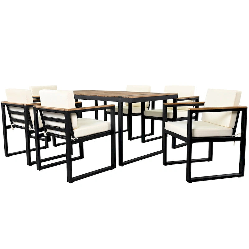 7-Piece Outdoor Patio Steel Dining Set with Umbrella Hole and 6 Cushioned Armchairs