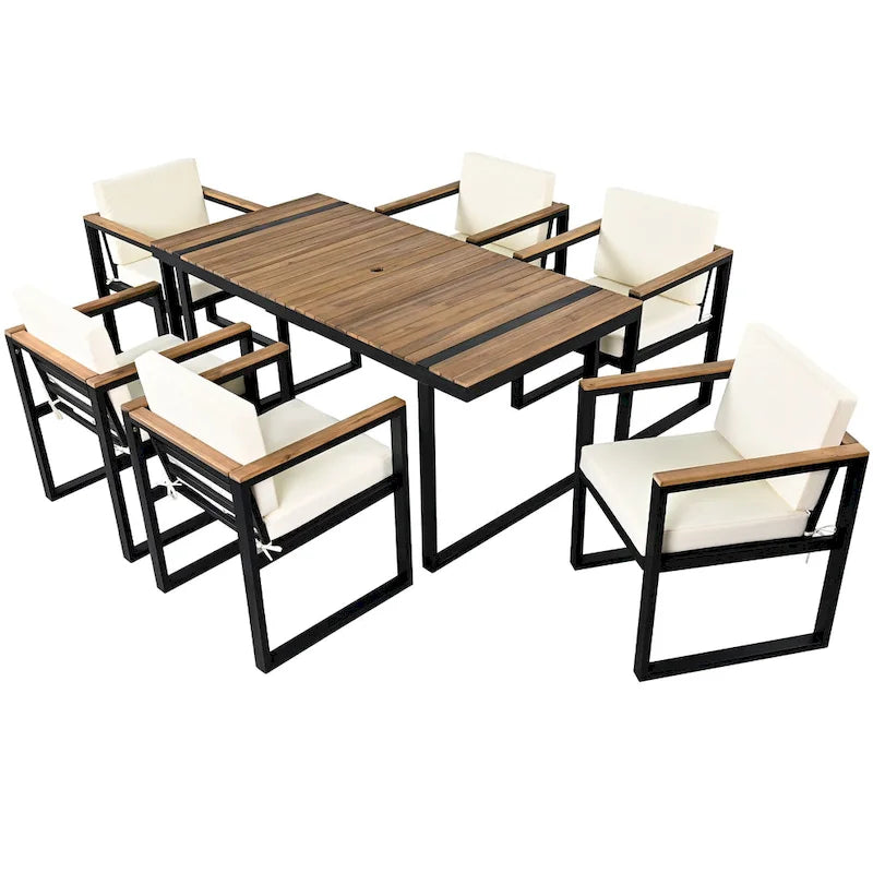 7-Piece Outdoor Patio Steel Dining Set with Umbrella Hole and 6 Cushioned Armchairs